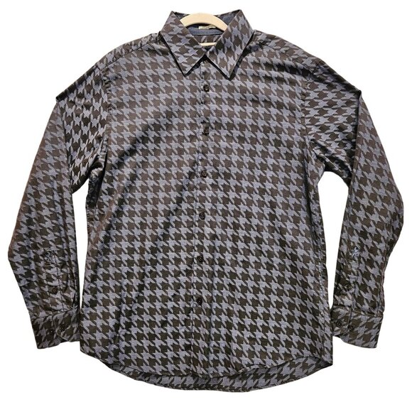 BUGATCHI dress shirt Mens L chest 44 geometric blue black shaped fit flip cuff - Picture 1 of 16